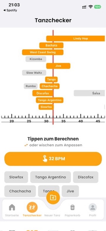 Dance-Checker mit Tanzarten und Tempo-Anzeige