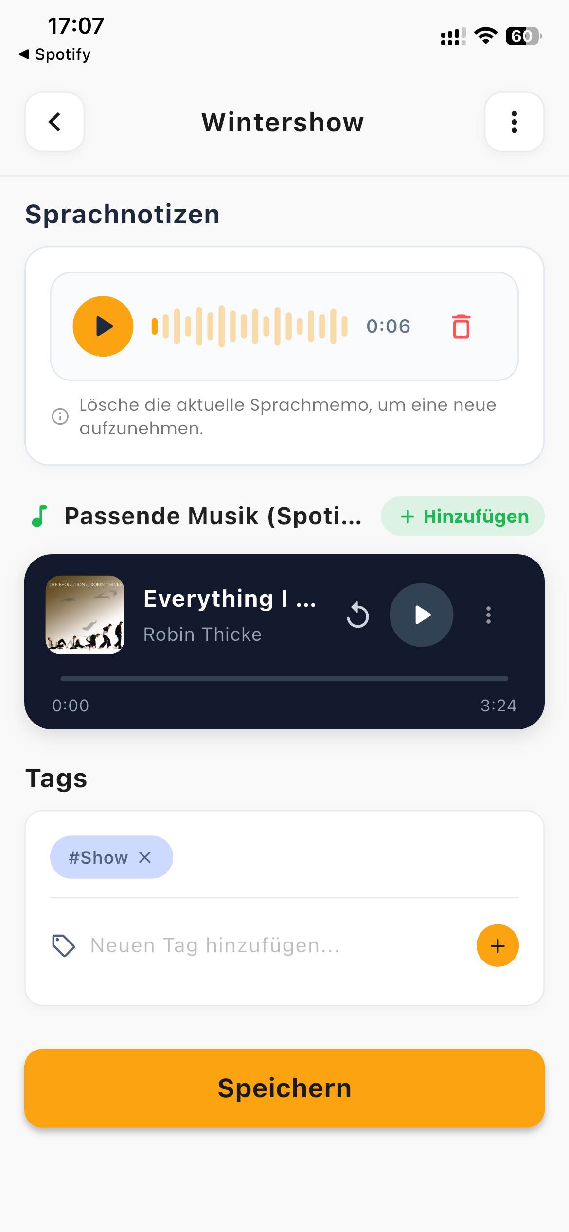 Figur Wintershow mit Sprachnotiz, Spotify-Musik und dem Tag Show