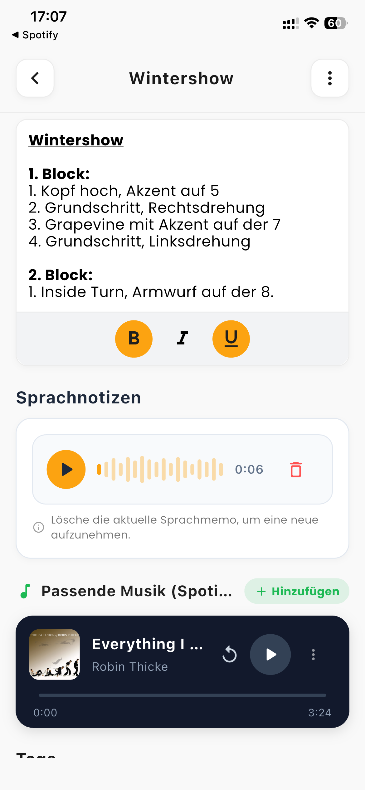 Figurenbeschreibung mit formatierten Notizen, Sprachnotiz und Spotify-Musik